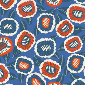Whimsical Doodle Flowers: Red and Blue Playfulness on Cobalt Blue