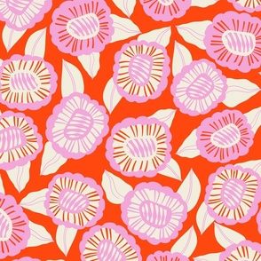 Whimsical Doodle Flowers: Pink Playfulness on Poppy Red