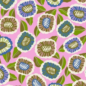 Whimsical Doodle Flowers: Moss Green and Blue Playfulness on Pink