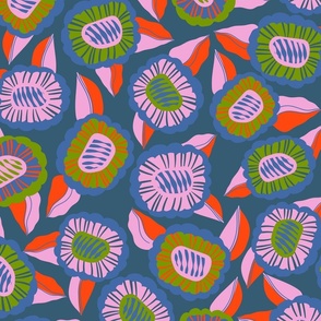 Whimsical Doodle Flowers: Pink and Green Playfulness on Cobalt Blue