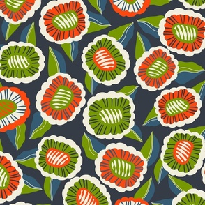 Whimsical Doodle Flowers: Red and Lime Green Playfulness on Black