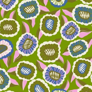 Whimsical Doodle Flowers: Moss green and Blue Playfulness on Lime green