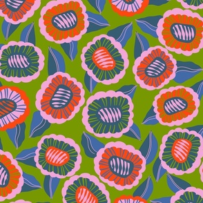 Whimsical Doodle Flowers: Red and Blue Playfulness on Lime green