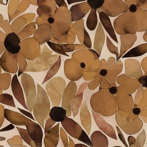 Abstract Watercolor Flower Pattern Brown  Smaller Scale