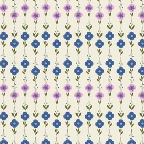 Floral Line Fiesta: Blue and Candy Pink Blooms on Beige