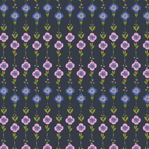 Floral Line Fiesta: Candy Pink and Blue Blooms on Black