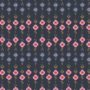 Floral Line Fiesta: Blue and Candy Pink Blooms on Black