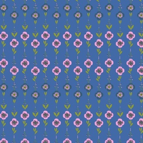 Floral Line Fiesta: Navy Blue and Candy Pink Blooms on Blue