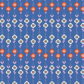 Floral Line Fiesta: white and Poppy Red Blooms on Blue