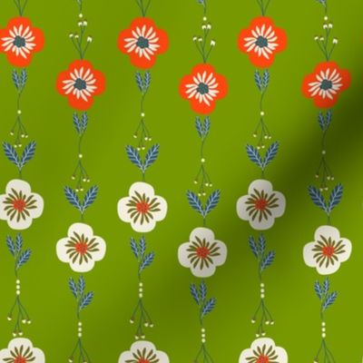 Floral Line Fiesta: White and Poppy Red Blooms on Lime Green