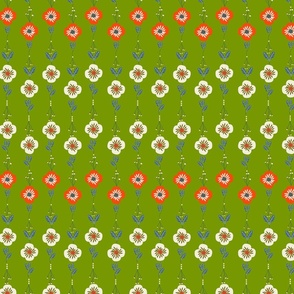 Floral Line Fiesta: White and Poppy Red Blooms on Lime Green