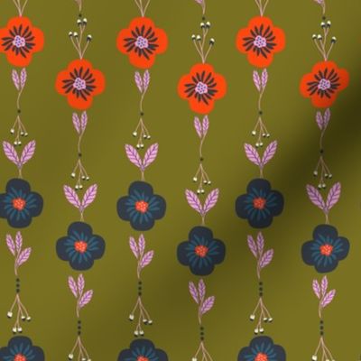 Floral Line Fiesta: Navy Blue and Poppy Red Blooms on Moss Green