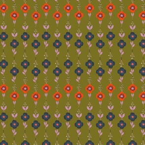 Floral Line Fiesta: Navy Blue and Poppy Red Blooms on Moss Green