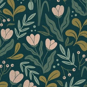 Woodland flowers and foliage on a dark green background large