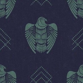 dusty green  falcon on dark navy  background with  simple tribal geometric ornament, light texture by art for joy lesja saramakova gajdosikova design