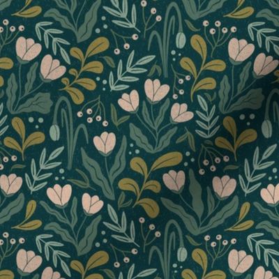 Woodland flowers and foliage on dark green background small