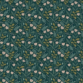 Woodland flowers and foliage on dark green background small