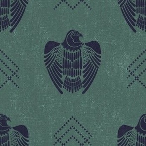 dark navy falcon on dusty green background with  simple tribal geometric ornament,light texture by art for joy lesja saramakova gajdosikova design