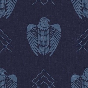 dusty blue  falcon on dusty dark navy background with  simple tribal geometric ornament,light texture by art for joy lesja saramakova gajdosikova design