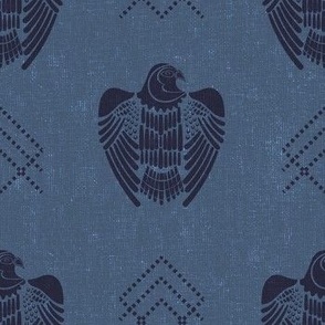 dark navy falcon on dusty blue  background with  simple tribal geometric ornament,light texture by art for joy lesja saramakova gajdosikova design