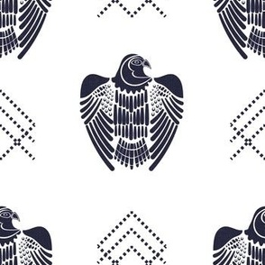 dark navy falcon on white background  with simple tribal geometric ornament,light texture by art for joy lesja saramakova gajdosikova design