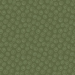 314 - Small scale deep olive green organic circle shapes tossed coordinate for patchwork, quilting,  kids apparel, children's fashion accessories, pjs, tops, table linen, napkins, nursery decor and bed linen.