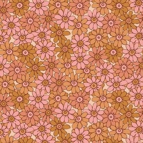 467 - Small scale mustard and coral pink organic hand drawn tossed daisies in the meadow flower garden for children's clothing, dresses, nursery and baby bed linen and wallpaper.  Hand drawn florals pretty whimsical garden in springtime and summertime