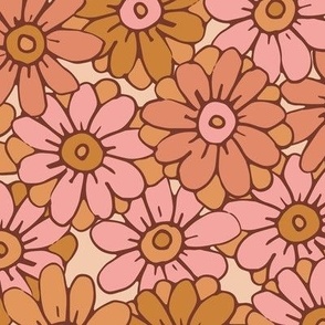 467 - Large scale mustard and coral pink organic hand drawn tossed daisies in the meadow flower garden for children's clothing, dresses, nursery and baby bed linen and wallpaper.  Hand drawn florals pretty whimsical garden in springtime and summertime