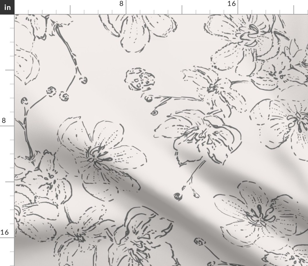 Delicate sketched blossoms - charcoal on isabelline white - large