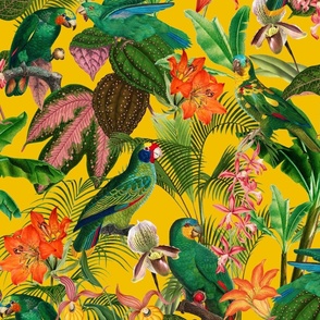 Exotic Summer Rainforest Jungle Beauty:  A Vintage Mysterious Botanical Tropical Pattern Featuring 
leaves blossoms and colorful Cockatoo birds on sunny yellow