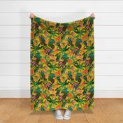 Exotic Summer Rainforest Jungle Beauty:  A Vintage Mysterious Botanical Tropical Pattern Featuring 
leaves blossoms and colorful Cockatoo birds on sunny yellow