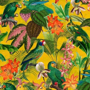 Exotic Summer Rainforest Jungle Beauty:  A Vintage Mysterious Botanical Tropical Pattern Featuring 
leaves blossoms and colorful Cockatoo birds on sunny yellow