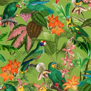 Exotic Summer Rainforest Jungle Beauty:  A Vintage Mysterious Botanical Tropical Pattern Featuring 
leaves blossoms and colorful Cockatoo birds on green