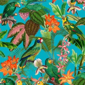 Exotic Summer Rainforest Jungle Beauty:  A Vintage Mysterious Botanical Tropical Pattern Featuring 
leaves blossoms and colorful Cockatoo birds on turquoise