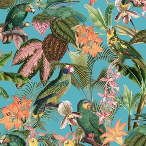 Exotic Summer Rainforest Jungle Beauty:  A Vintage Mysterious Botanical Tropical Pattern Featuring 
leaves blossoms and colorful Cockatoo birds on sepia turquoise