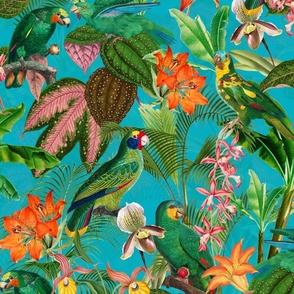 Exotic Summer Rainforest Jungle Beauty:  A Vintage Mysterious Botanical Tropical Pattern Featuring 
leaves blossoms and colorful Cockatoo birds on turquoise