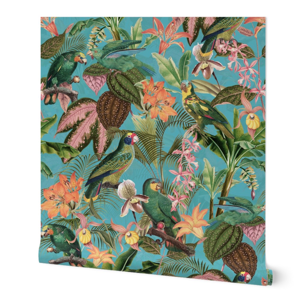 Exotic Summer Rainforest Jungle Beauty:  A Vintage Mysterious Botanical Tropical Pattern Featuring 
leaves blossoms and colorful Cockatoo birds on sepia turquoise