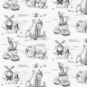 (S) Toile de Jouy Penguin and friends ink drawing