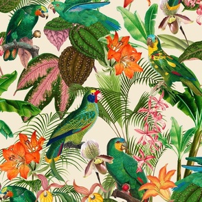 Exotic Summer Rainforest Jungle Beauty:  A Vintage Mysterious Botanical Tropical Pattern Featuring 
leaves blossoms and colorful Cockatoo birds on off white