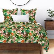 Exotic Summer Rainforest Jungle Beauty:  A Vintage Mysterious Botanical Tropical Pattern Featuring 
leaves blossoms and colorful Cockatoo birds on off white