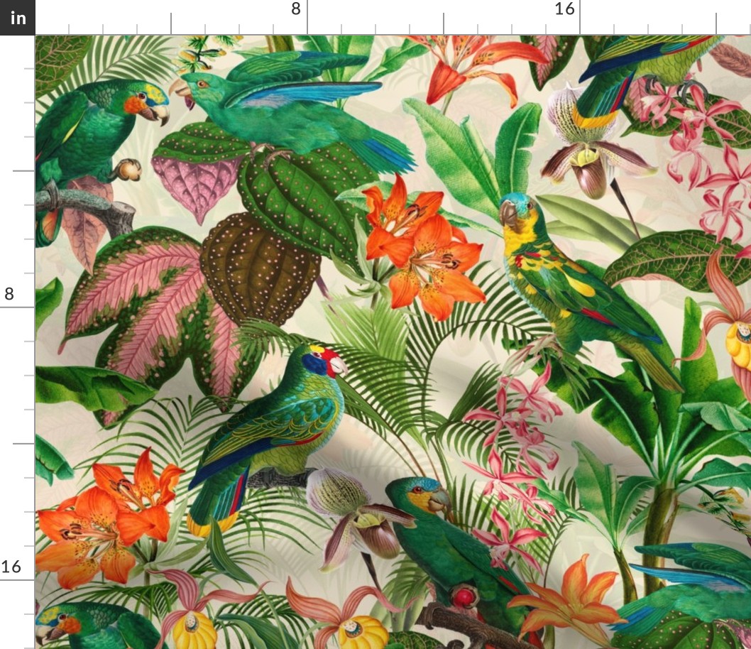 Exotic Summer Rainforest Jungle Beauty:  A Vintage Mysterious Botanical Tropical Pattern Featuring 
leaves blossoms and colorful Cockatoo birds on off white
