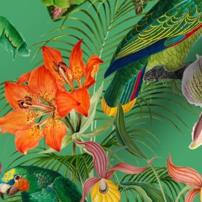 Exotic Summer Rainforest Jungle Beauty:  A Vintage Mysterious Botanical Tropical Pattern Featuring 
leaves blossoms and colorful Cockatoo birds on emerald green
