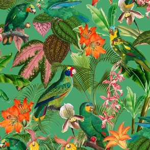 Exotic Summer Rainforest Jungle Beauty:  A Vintage Mysterious Botanical Tropical Pattern Featuring 
leaves blossoms and colorful Cockatoo birds on emerald green