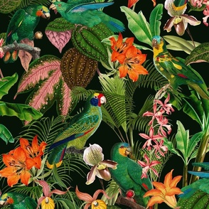 Exotic Summer Rainforest Jungle Beauty:  A Vintage Mysterious Botanical Tropical Pattern Featuring 
leaves blossoms and colorful Cockatoo birds on black 