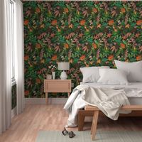 Exotic Summer Rainforest Jungle Beauty:  A Vintage Mysterious Botanical Tropical Pattern Featuring 
leaves blossoms and colorful Cockatoo birds on black 
