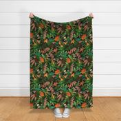 Exotic Summer Rainforest Jungle Beauty:  A Vintage Mysterious Botanical Tropical Pattern Featuring 
leaves blossoms and colorful Cockatoo birds on black 