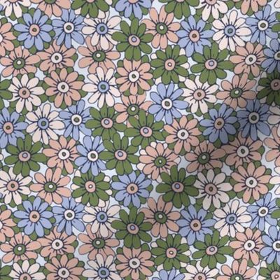 467 - Small scale  leaf green, sky blue, blush pink and off white organic hand drawn tossed daisies in the meadow flower garden for children's clothing, dresses, nursery and baby bed linen and wallpaper.  Hand drawn florals pretty whimsical garden in spri