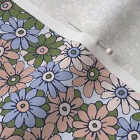 467 - Small scale  leaf green, sky blue, blush pink and off white organic hand drawn tossed daisies in the meadow flower garden for children's clothing, dresses, nursery and baby bed linen and wallpaper.  Hand drawn florals pretty whimsical garden in spri