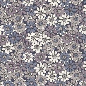 467 - Small scale  grey lavender and steel blue organic hand drawn tossed daisies in the meadow flower garden for children's clothing, dresses, nursery and baby bed linen and wallpaper.  Hand drawn florals pretty whimsical garden in springtime and summert