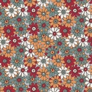 467 - Small scale chilli red, sage green and mellow mustard organic hand drawn tossed daisies in the meadow flower garden for children's clothing, dresses, nursery and baby bed linen and wallpaper.  Hand drawn florals pretty whimsical garden in springtime